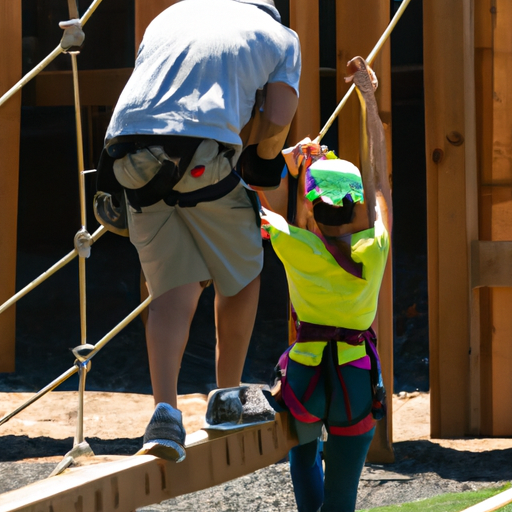 מבוגר מסייע לילד במסלול חבלים מאתגר, מבטיח ביצוע טכניקות בטיחות מתאימות.