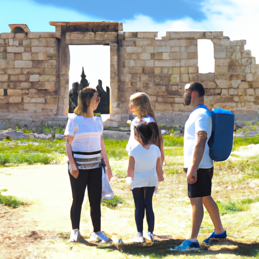 משפחה של תיירים ישראלים חוקרת את ההריסות ההיסטוריות באתונה, יוון.
