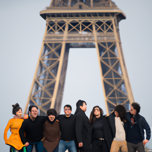 קבוצת חברים ישראלים מצטלמים מול מגדל אייפל בפריז, צרפת.